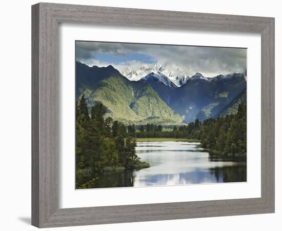 Cloud-Shrouded Mt. Cook Reflected in Lake Matheson, Near Town of Fox Glacier, South Island-Dennis Flaherty-Framed Photographic Print