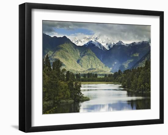 Cloud-Shrouded Mt. Cook Reflected in Lake Matheson, Near Town of Fox Glacier, South Island-Dennis Flaherty-Framed Photographic Print