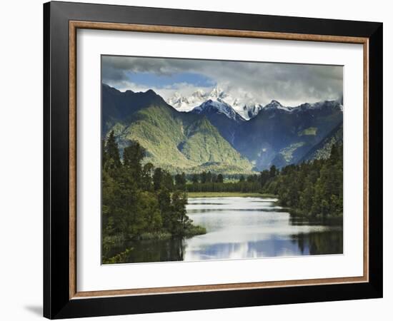 Cloud-Shrouded Mt. Cook Reflected in Lake Matheson, Near Town of Fox Glacier, South Island-Dennis Flaherty-Framed Photographic Print