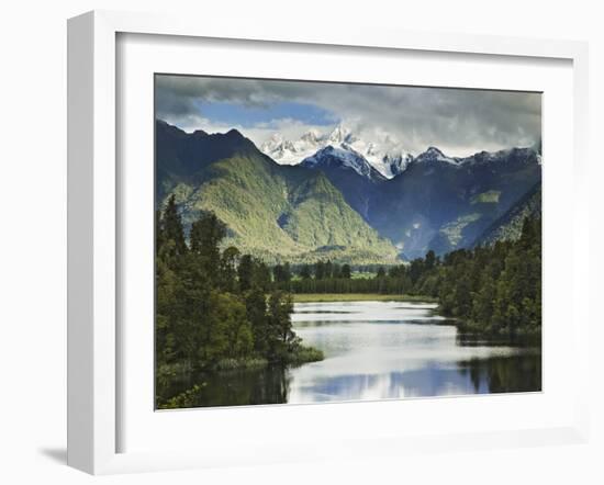 Cloud-Shrouded Mt. Cook Reflected in Lake Matheson, Near Town of Fox Glacier, South Island-Dennis Flaherty-Framed Photographic Print