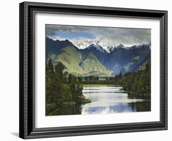 Cloud-Shrouded Mt. Cook Reflected in Lake Matheson, Near Town of Fox Glacier, South Island-Dennis Flaherty-Framed Photographic Print