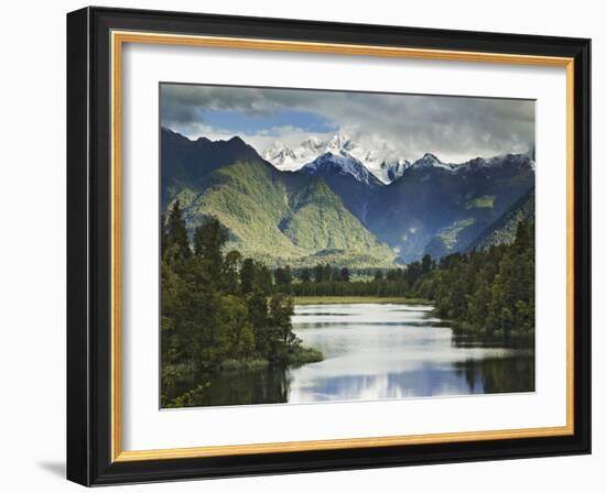 Cloud-Shrouded Mt. Cook Reflected in Lake Matheson, Near Town of Fox Glacier, South Island-Dennis Flaherty-Framed Photographic Print