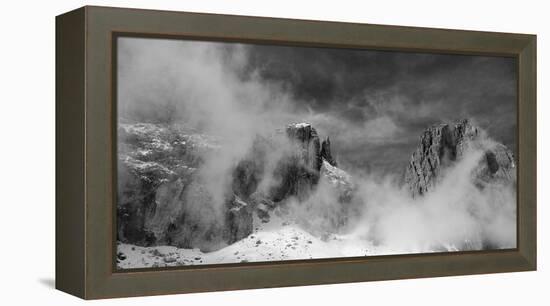 Clouds hang between the mountains of the Dolomites-Jean Schwarz-Framed Premier Image Canvas