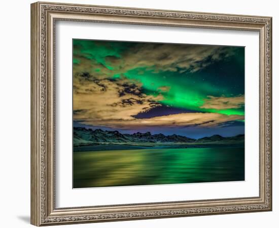 Cloudy Evening with Aurora Borealis or Northern Lights, Kleifarvatn, Iceland-null-Framed Photographic Print