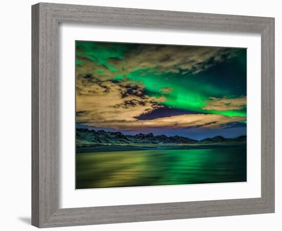 Cloudy Evening with Aurora Borealis or Northern Lights, Kleifarvatn, Iceland-null-Framed Photographic Print