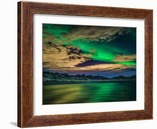 Cloudy Evening with Aurora Borealis or Northern Lights, Kleifarvatn, Iceland-null-Framed Photographic Print