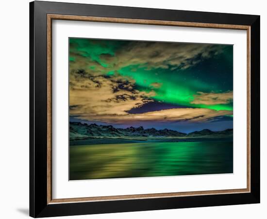 Cloudy Evening with Aurora Borealis or Northern Lights, Kleifarvatn, Iceland-null-Framed Photographic Print