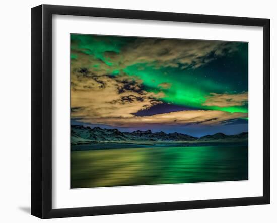 Cloudy Evening with Aurora Borealis or Northern Lights, Kleifarvatn, Iceland-null-Framed Photographic Print