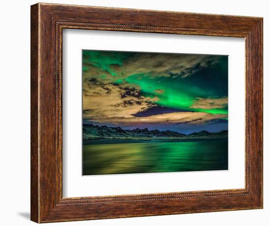 Cloudy Evening with Aurora Borealis or Northern Lights, Kleifarvatn, Iceland-null-Framed Photographic Print