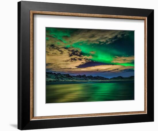 Cloudy Evening with Aurora Borealis or Northern Lights, Kleifarvatn, Iceland--Framed Photographic Print