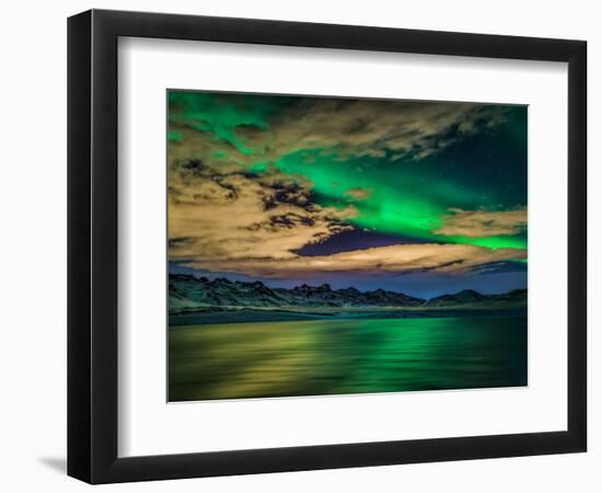 Cloudy Evening with Aurora Borealis or Northern Lights, Kleifarvatn, Iceland--Framed Photographic Print