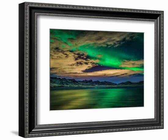 Cloudy Evening with Aurora Borealis or Northern Lights, Kleifarvatn, Iceland--Framed Photographic Print