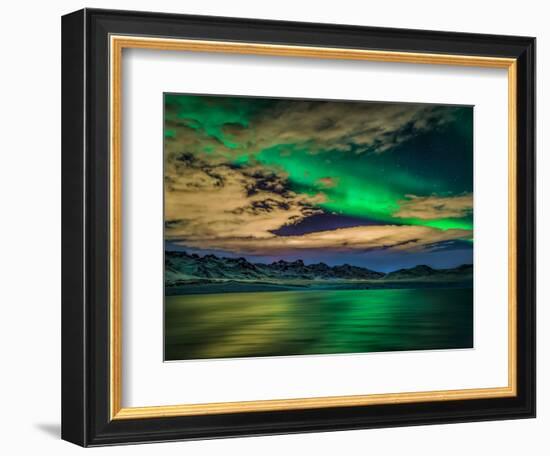 Cloudy Evening with Aurora Borealis or Northern Lights, Kleifarvatn, Iceland--Framed Photographic Print