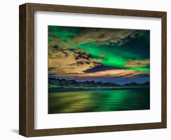 Cloudy Evening with Aurora Borealis or Northern Lights, Kleifarvatn, Iceland-null-Framed Premium Photographic Print