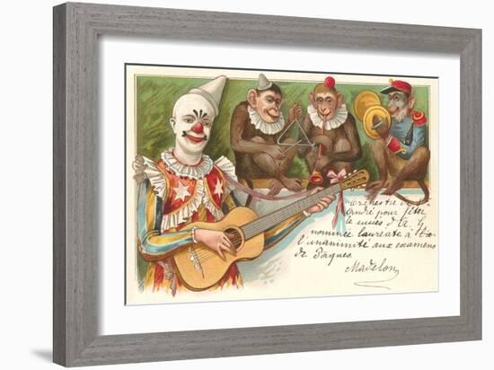 Clown Playing Guitar with Monkey Band-null-Framed Art Print