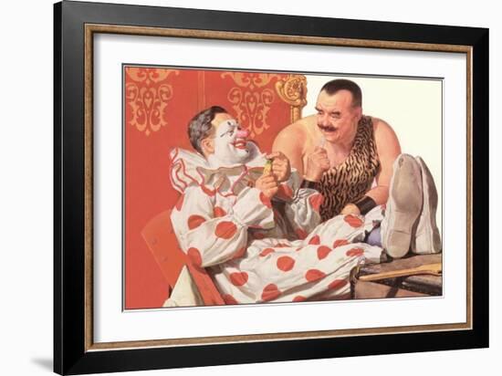 Clown Relaxing with Strongman-null-Framed Art Print