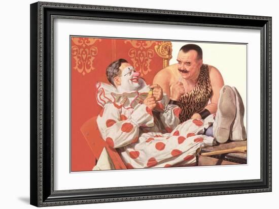 Clown Relaxing with Strongman-null-Framed Art Print