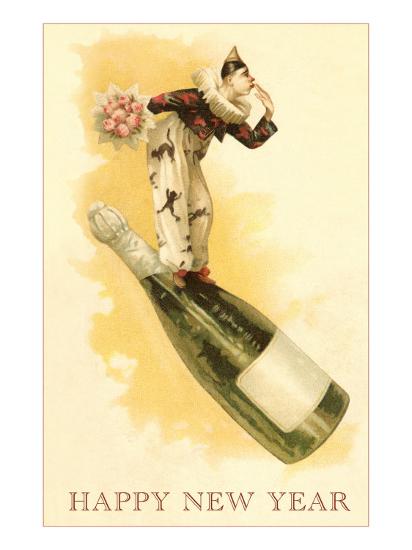 'Clown with Bouquet on Champagne Bottle' Art Print | Art.com