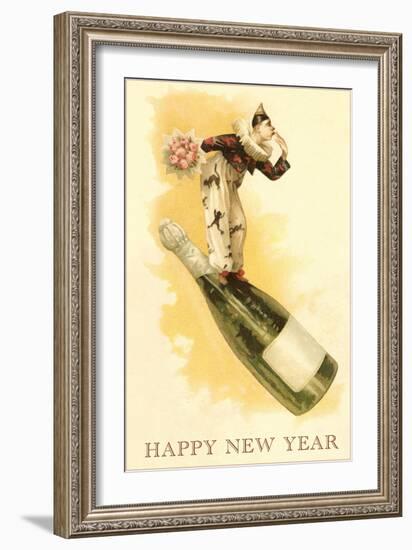 Clown with Bouquet on Champagne Bottle-null-Framed Art Print