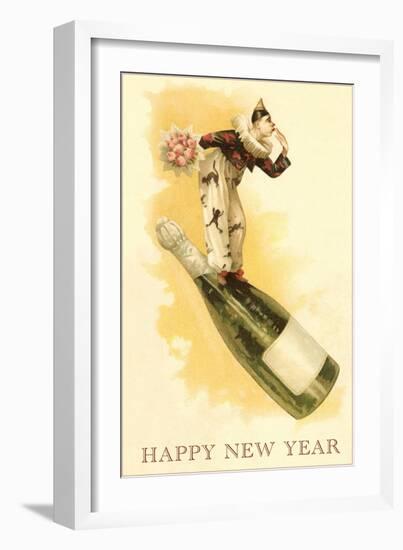 Clown with Bouquet on Champagne Bottle-null-Framed Art Print