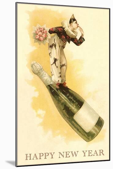 Clown with Bouquet on Champagne Bottle-null-Mounted Art Print