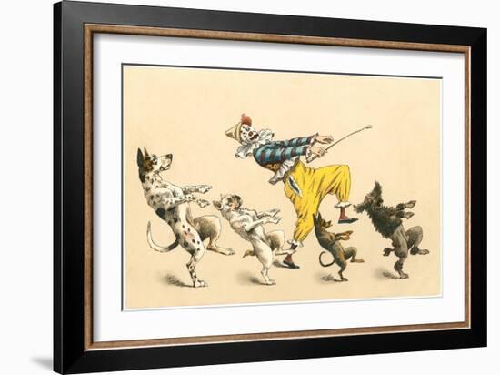 Clown with Dancing Dogs-null-Framed Art Print