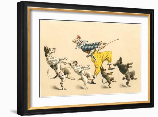 Clown with Dancing Dogs-null-Framed Art Print