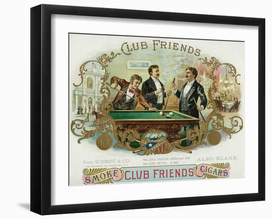 Club Friends Brand Cigar Box Label, Billards-Lantern Press-Framed Art Print