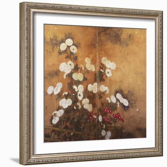 Clusters of Red and White Chrysanthemums in a Fenced Garden-null-Framed Giclee Print