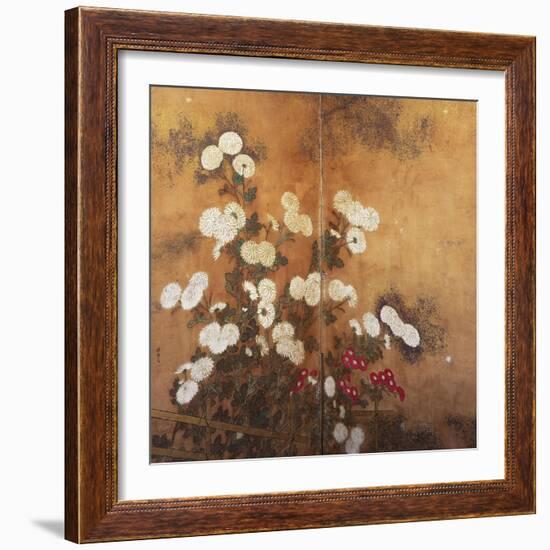 Clusters of Red and White Chrysanthemums in a Fenced Garden-null-Framed Giclee Print