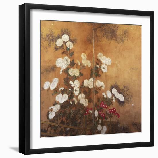 Clusters of Red and White Chrysanthemums in a Fenced Garden-null-Framed Giclee Print