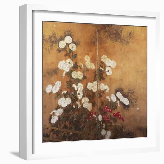 Clusters of Red and White Chrysanthemums in a Fenced Garden-null-Framed Giclee Print