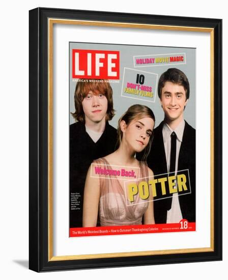 Co-stars of Harry Potter films Rupert Grint, Emma Watson and Daniel Radcliffe, November 18, 2005-Kayt Jones-Framed Photographic Print