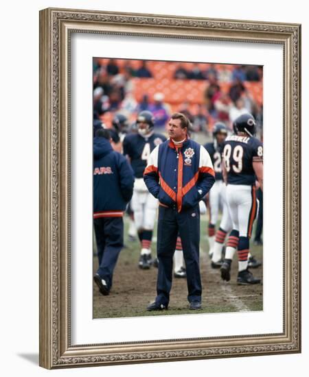 Coach Ditka standing in a stadium, Soldier Field, Lake Shore Drive, Chicago, Cook County, Illino...-null-Framed Photographic Print