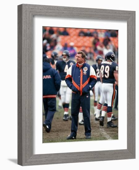 Coach Ditka standing in a stadium, Soldier Field, Lake Shore Drive, Chicago, Cook County, Illino...-null-Framed Photographic Print