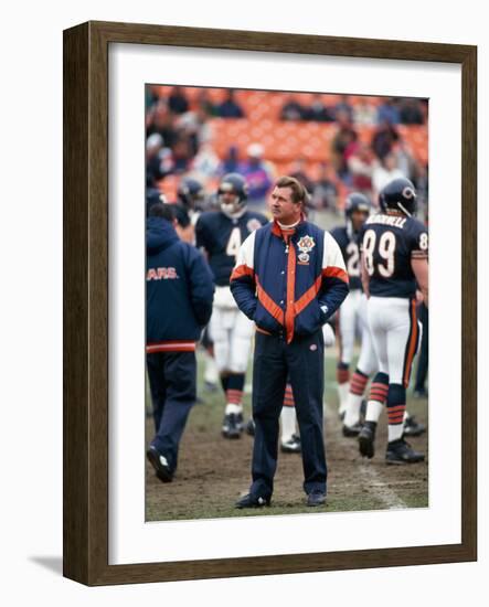 Coach Ditka standing in a stadium, Soldier Field, Lake Shore Drive, Chicago, Cook County, Illino...-null-Framed Photographic Print