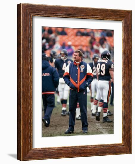 Coach Ditka standing in a stadium, Soldier Field, Lake Shore Drive, Chicago, Cook County, Illino...-null-Framed Photographic Print