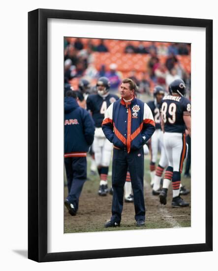 Coach Ditka standing in a stadium, Soldier Field, Lake Shore Drive, Chicago, Cook County, Illino...-null-Framed Photographic Print