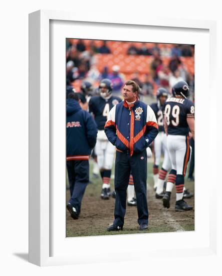 Coach Ditka standing in a stadium, Soldier Field, Lake Shore Drive, Chicago, Cook County, Illino...-null-Framed Photographic Print