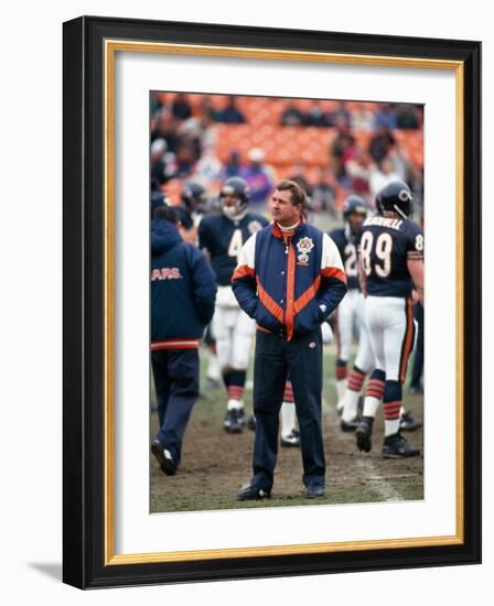 Coach Ditka standing in a stadium, Soldier Field, Lake Shore Drive, Chicago, Cook County, Illino...-null-Framed Photographic Print