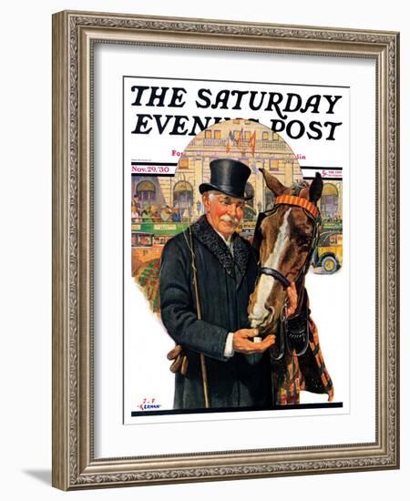 "Coachman and Horse," Saturday Evening Post Cover, November 29, 1930-J.F. Kernan-Framed Giclee Print