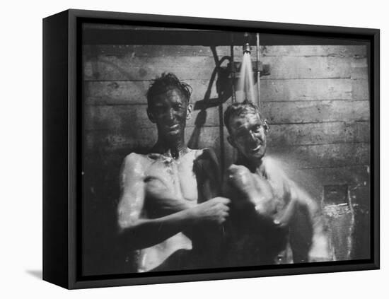 Coal-Blakened Rescue Miners Showering after Mine Disaster-Carl Mydans-Framed Premier Image Canvas