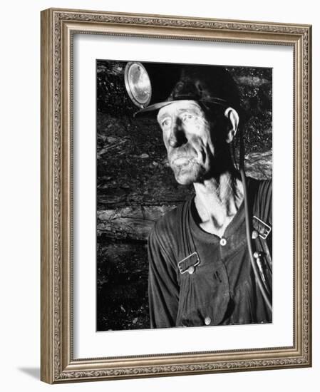 Coal Miner with Head Gear on Working in Mine-Dmitri Kessel-Framed Photographic Print