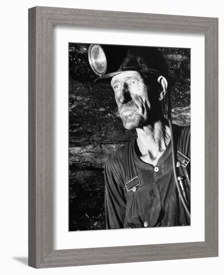 Coal Miner with Head Gear on Working in Mine-Dmitri Kessel-Framed Photographic Print