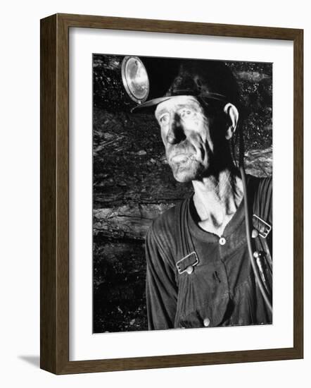 Coal Miner with Head Gear on Working in Mine-Dmitri Kessel-Framed Photographic Print