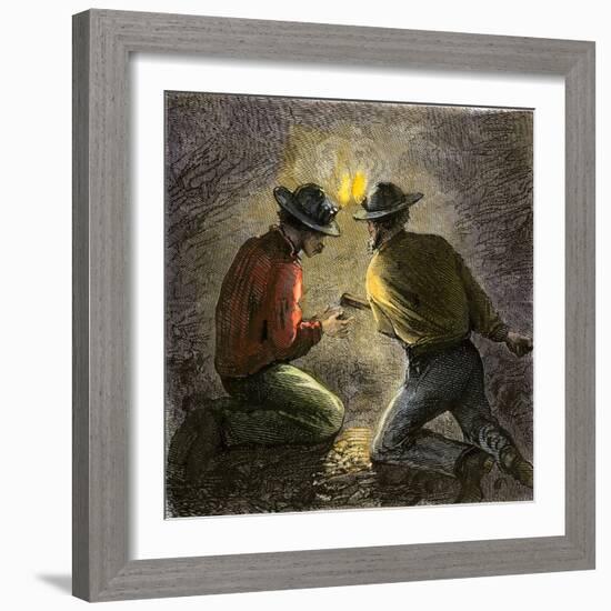 Coal Miners Tamping an Explosive Charge in a Tunnel, c.1860-null-Framed Giclee Print