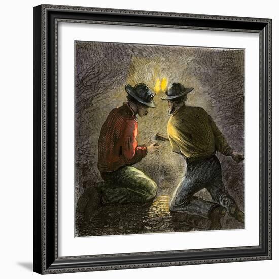 Coal Miners Tamping an Explosive Charge in a Tunnel, c.1860-null-Framed Giclee Print