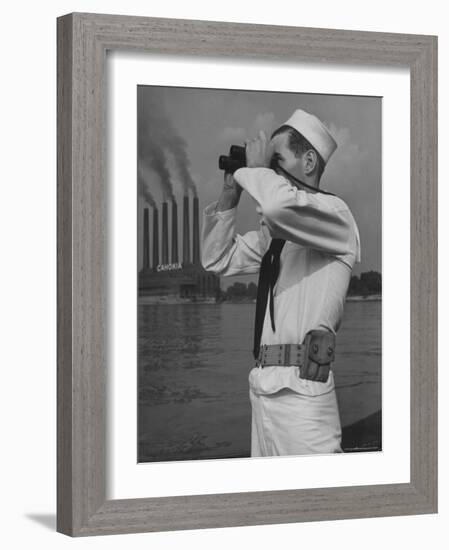 Coast Guard Patrolling Mississippi River Opposite East Saint Louis Power Plant-Alfred Eisenstaedt-Framed Photographic Print