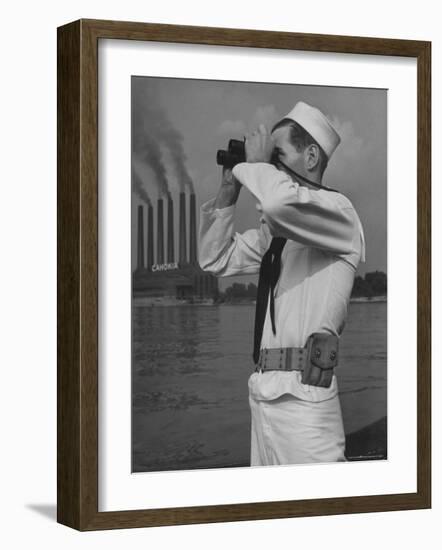 Coast Guard Patrolling Mississippi River Opposite East Saint Louis Power Plant-Alfred Eisenstaedt-Framed Photographic Print