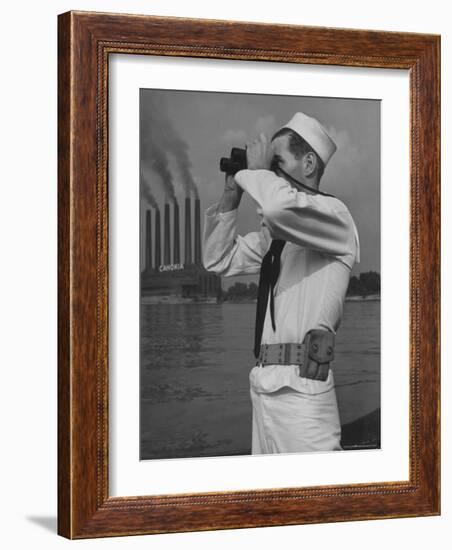 Coast Guard Patrolling Mississippi River Opposite East Saint Louis Power Plant-Alfred Eisenstaedt-Framed Photographic Print